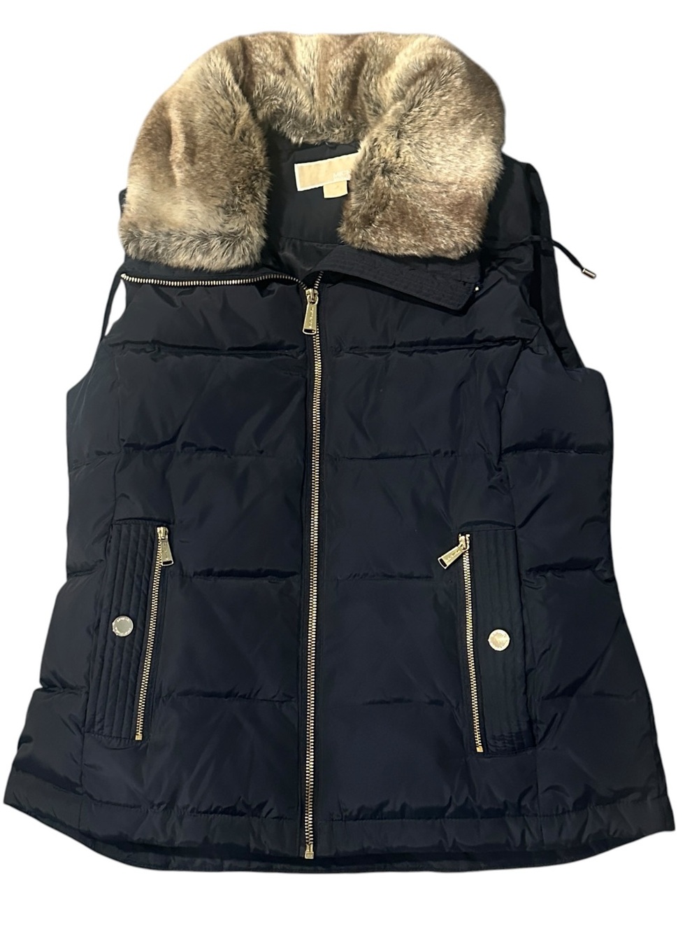 MICHAEL Michael Kors Navy Down Puffer Vest Faux Fur Hood M